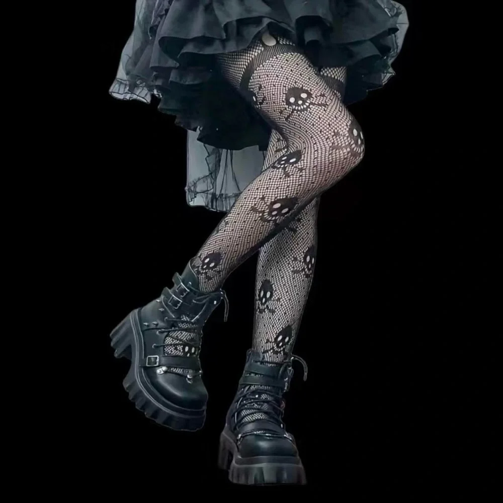 Skull Pattern Black Fishnet Tights, Halloween Hollow Out High Waist Mesh Pantyho